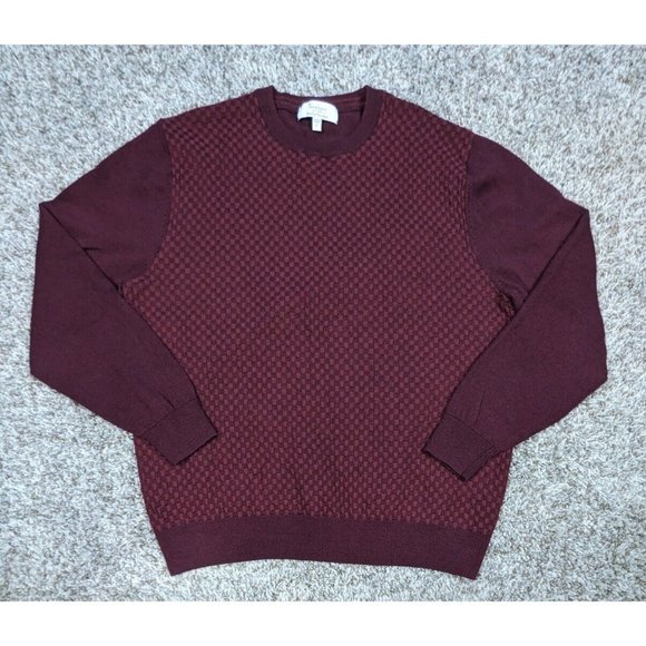 turnbury Other - Turnbury Sweater Men's Large Extra Fine Merino Wool Checkered Burgundy Crew Neck
